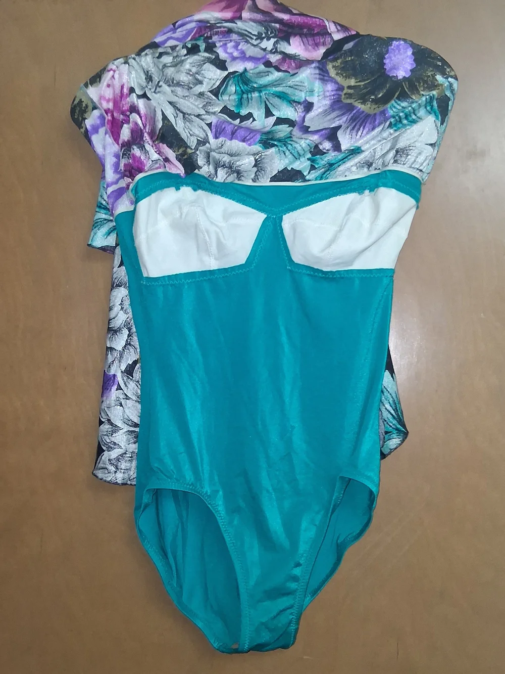 1970s DeWeese Swimsuit Dress Teal Purple Pink Floral One Piece Sundress Size 12